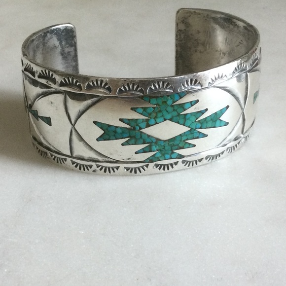 Vintage Southwestern Silver &Turquoise Native American Cuff Bracelet - Picture 1 of 7